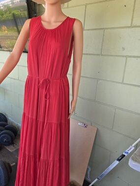 Banana Republic Sleeveless Red Tiered Maxi with Waist Tie